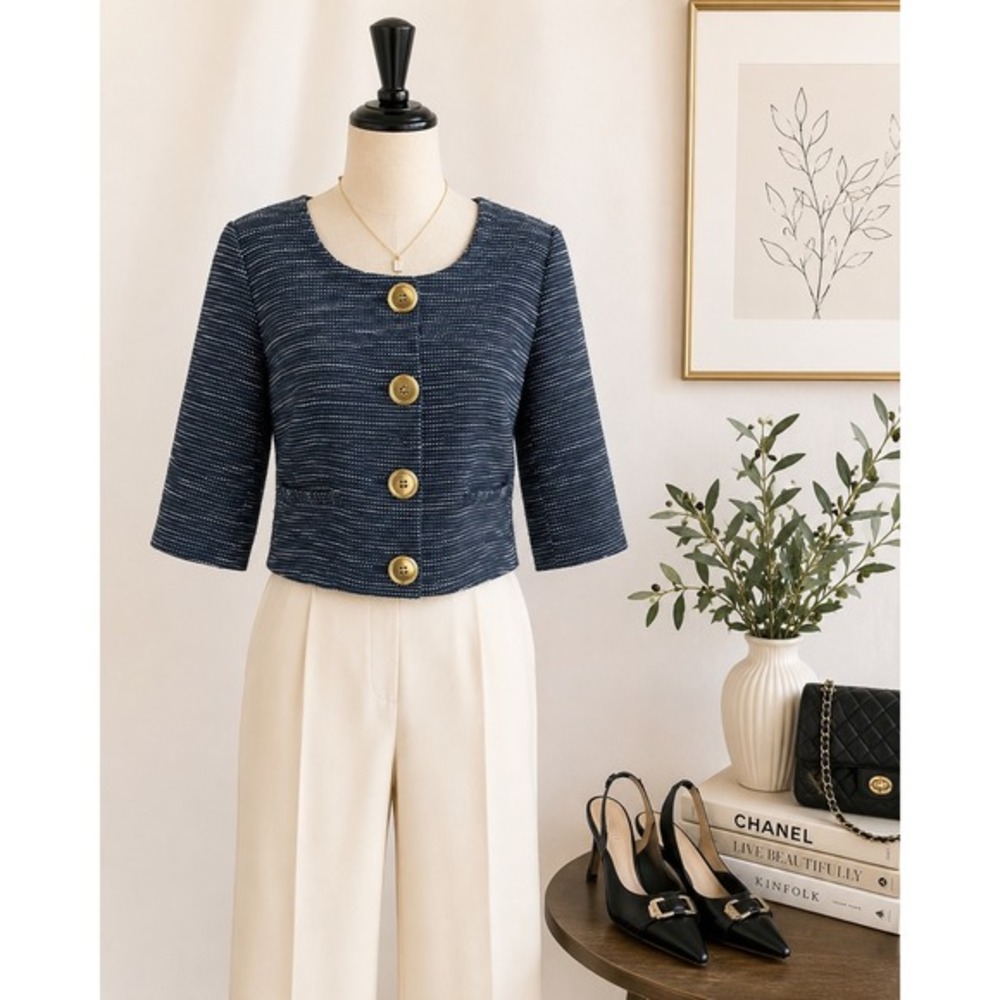 Vintage Robbie Bee Cropped Tweed blazer Women's Size 8 Navy Gold Button Bouclé - Picture 2 of 8